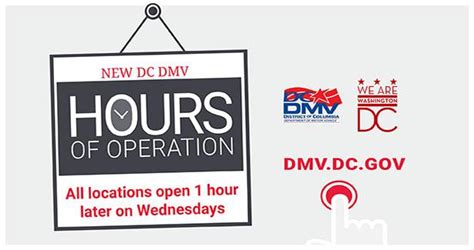 Dc dmv hours - Office Hours Varies by location. Please see All DC DMV Locations under About DMV in the menu. Phone: (202) 737-4404 TTY: 711 